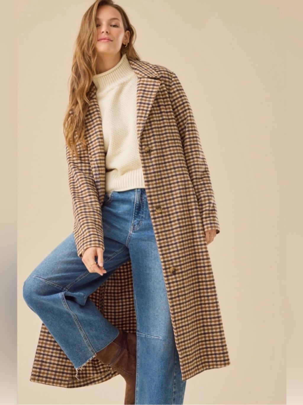 Altar'd State Tan & Brown Plaid Wool Blend Coat